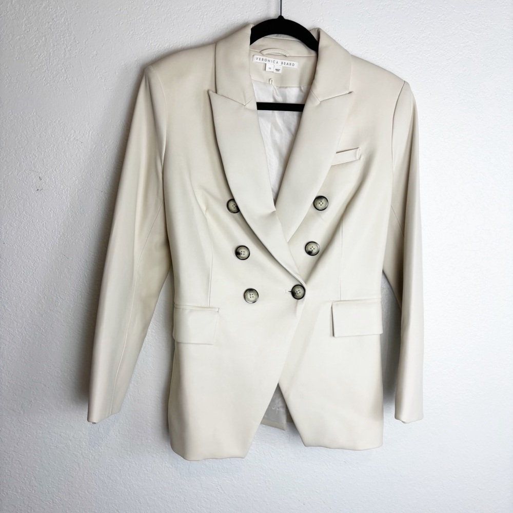 Veronica Beard Faux Leather Miller Double Breasted Dickey Jacket Blazer Cream 10 - Picture 2 of 8